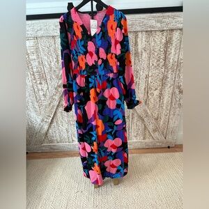 Rio Boho Floral Multicolor V-Neck Pockets Maxi Dress  Large -New With Tags